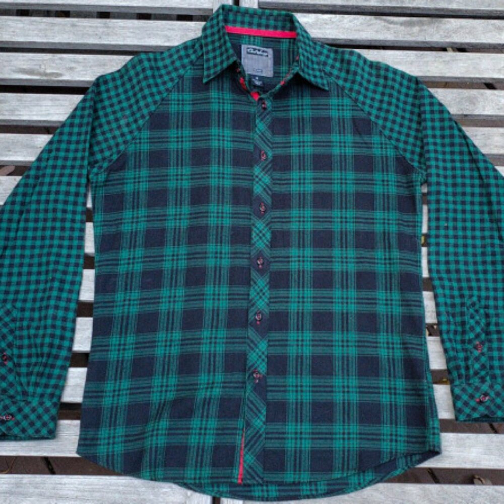 Civil Society flannel button up shirt gingham plaid tartan green black